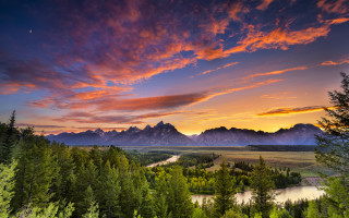 Sunset valley mountains river landscape 2 - the background and a river free wallpaper