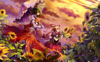 Anime girls sunflowers umbrella field - an umbrella over free wallpaper