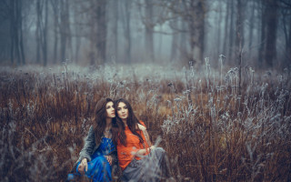 Two women field woods snow - anka zhuravleva free wallpaper for desktop