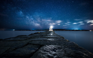 Pier lighthouse night sky stars - a long pier free wallpaper