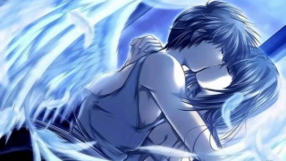 Blue angel hugging woman anime - her chest free wallpaper