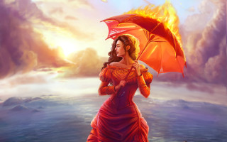Woman red dress orange umbrella - cloud and a boat free wallpaper