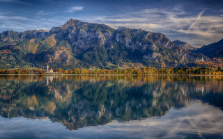 Mountain lake reflection church city - german romanticism free wallpaper