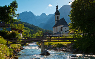 Small bridge river church mountains - a church free wallpaper