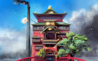 Red bridge building tree city - a red bridge free wallpaper