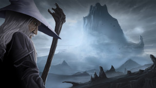 Wizard staff mountain foggy sky - a wizard free wallpaper