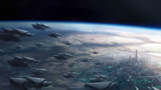Futuristic city fighter jets planet - a large moon free wallpaper