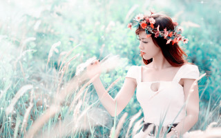 Woman white dress field flower 2 - a flower crown free wallpaper