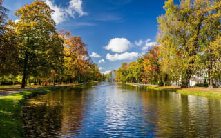 River park autumn leaves impressionist - a lush green park free wallpaper