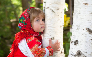 Little girl red dress tree 5 - a tree trunk free wallpaper