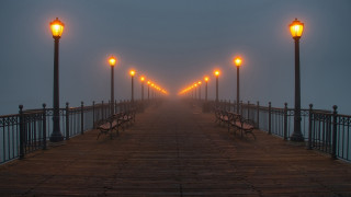 Pier benches foggy evening lights - bench free wallpaper
