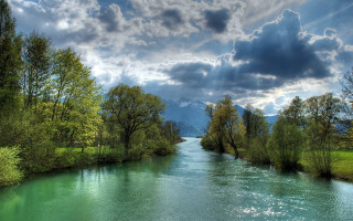 River forest mountains sunbeams cloudy 2 - river free wallpaper for desktop