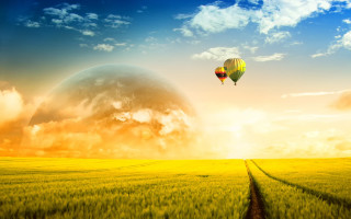 Hot air balloon green field 2 - a hot air balloon free wallpaper