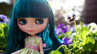 Blue haired doll flower garden - a doll free wallpaper