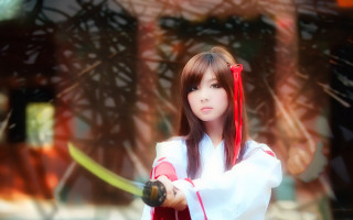 White dress red ribbon miko - anime style free wallpaper