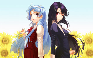 Anime girls sunflowers long hair - a red dress free wallpaper