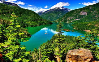 Lake mountains trees boat forest - the middle of a forest area free wallpaper