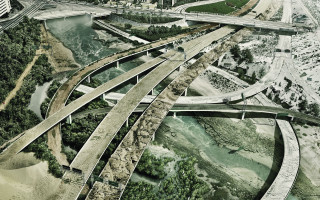 Highway bridge tallbuildings nature overgrown - multiple free wallpaper