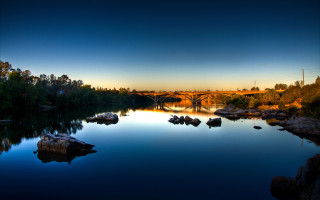 River bridge rocks trees sunset - the foreground and trees free wallpaper
