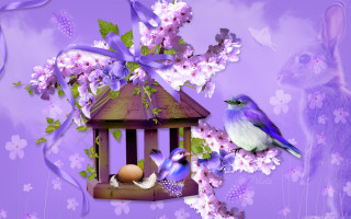 Purple bird flower birdcage rabbit - egg free wallpaper