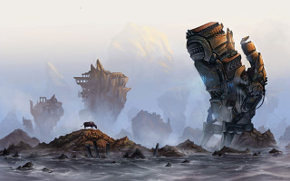 Giant robot rocky shore dog - conceptart free wallpaper