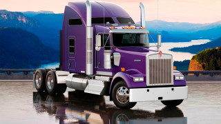 Purple semi truck mountains lake - a lake in the background free wallpaper for desktop