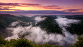 River mountains clouds sunset pink - a few tree below free wallpaper