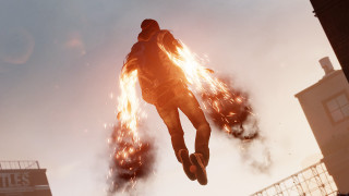 Flying man fire extinguisher city - explosion free wallpaper