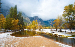 Snowy river forest mountains autumn - snow next free wallpaper