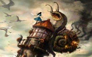Woman snail building snake surrealism - roof free wallpaper