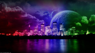 City skyline rainbow colored sky 4 - over water free wallpaper