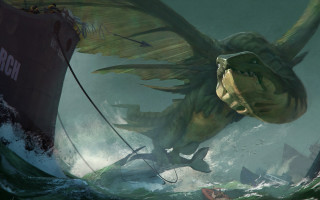 Green winged creature flying over - a boat in the background and a boat free wallpaper