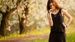 Woman black dress flowers outdoors - a park free wallpaper