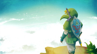 Man green outfit shield sword - game art free wallpaper