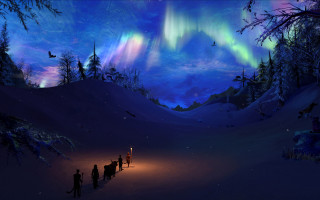 Aurora snowy night fantasy scene - hue free wallpaper