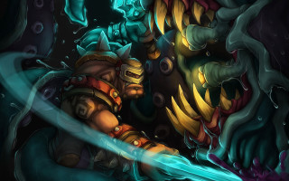 Cartoon sword demon glowing mouth - his hand and a demon in the background free wallpaper