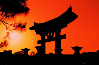 Silhouette building bell sunset red - japan daualset free wallpaper