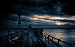 Pier benches lamp post night - gloomy atmosphere free wallpaper