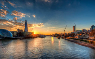Sunset river cityscape bridge mountains - sunrise time free wallpaper