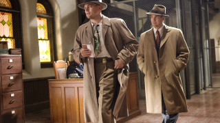 Two men coats hats coffee - a cane free wallpaper