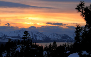Sunset mountain range trees snow - tree and snow free wallpaper