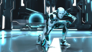 Robot kneeling futuristic blue light - the len free wallpaper