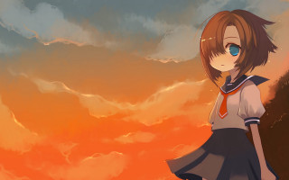 Girl sunset clouds orange blue - a sunset free wallpaper for desktop