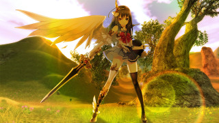 Girl sword field trees sunset - global illumination free wallpaper