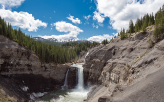 Waterfall canyon mountain trees blue - a mountain in the background and trees free wallpaper