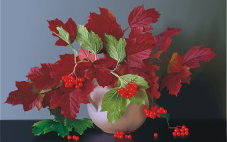 Vase red flowers green leaves - oil painting free wallpaper