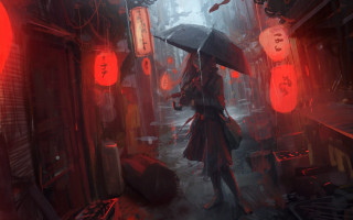 Woman umbrella rainy alley fantasy - bastien l. deharme free wallpaper