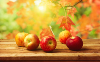 Apples autumn leaves wooden table - fall vibrancy free wallpaper