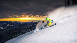 Skiing snowy mountain sunset trees - cinematic free wallpaper