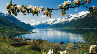 Lake mountains flowers sky girls - carl gustaf pilo free wallpaper